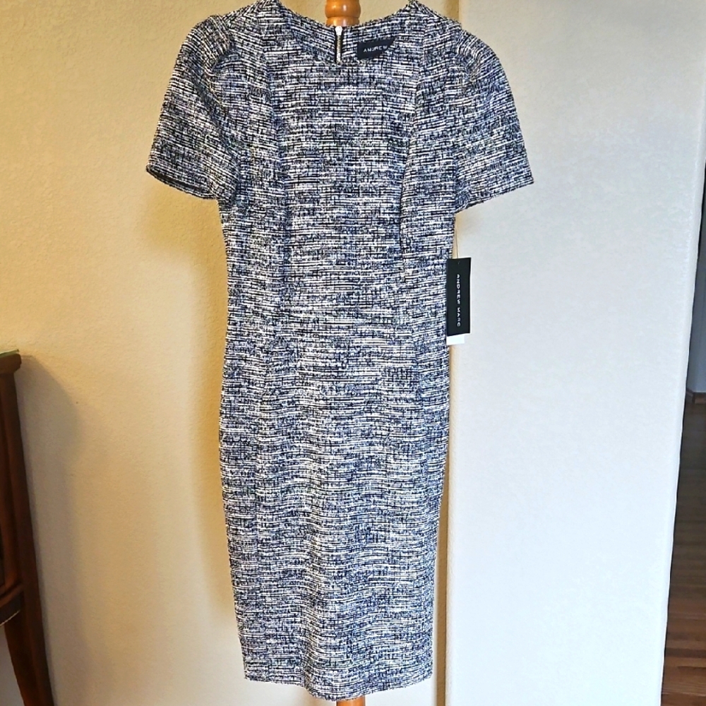 NWT Andrew Marc Navy and White Midi Dress, Size 4